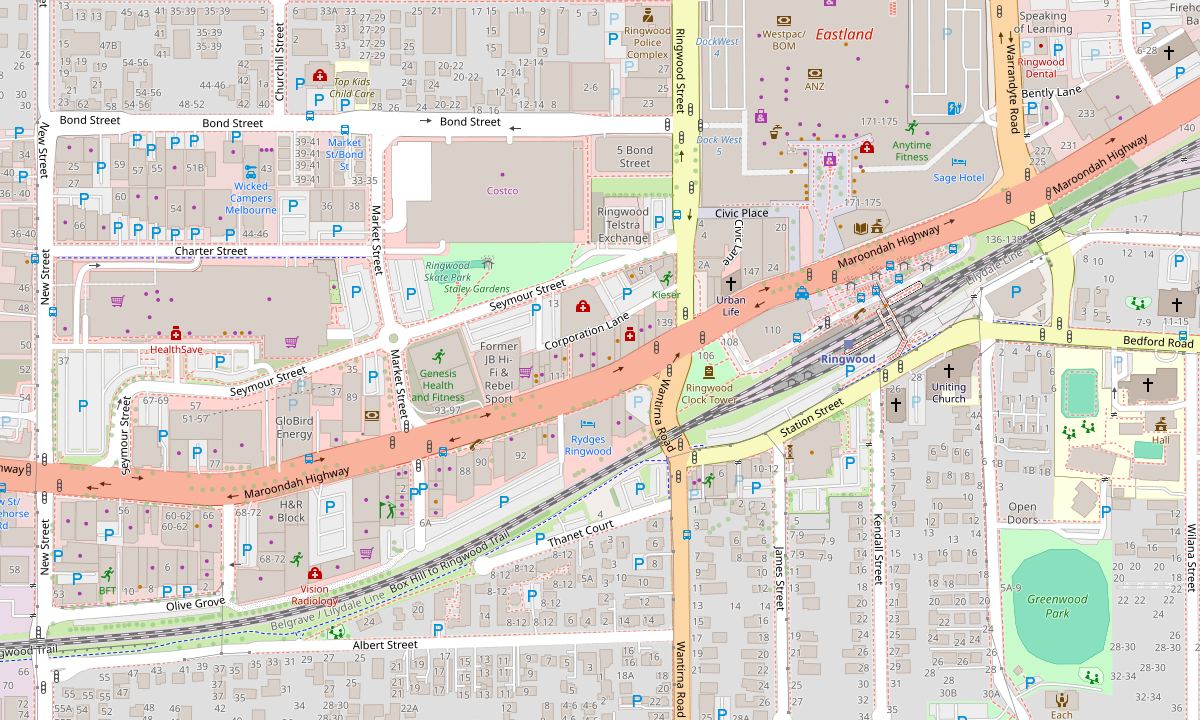 Street map showing Donnie's Smashed Burgers at 123 Maroondah Highway, Ringwood VIC 3134